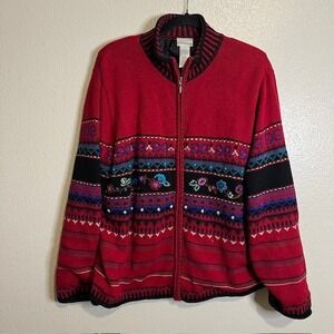 Koret XL Embroidered Floral Geometric Retro Grandma‎ Core Sweater Jacket Lined